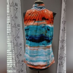 Sleeveless Ruched Mock Neck Lined Chiffon Tank Top Large